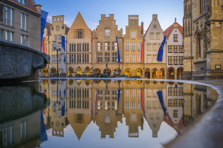 Old Town of Münster, reflection of gabled Houses at the so-called Prinzipalmarkt - Germany